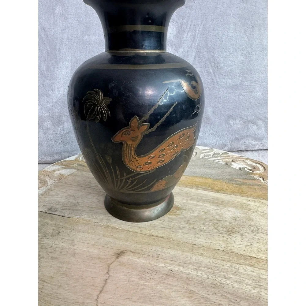 Vintage Black Etched Brass Vase Deer Gazelle Floral Palm‎ Tree Design 9.5 Inch